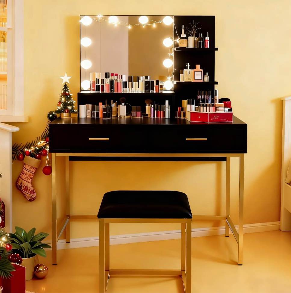 ktaxon vanity table set with 3 color lighted mirror, makeup dressing table with 2 large drawer and 3 shelf, dresser table for women,black