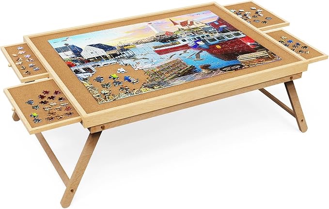 puzzle board 2000 pieces, 41.3"x 27.9" jigsaw puzzle table with 4 drawers and cover,portable board gametable with folding legs for adults and teens