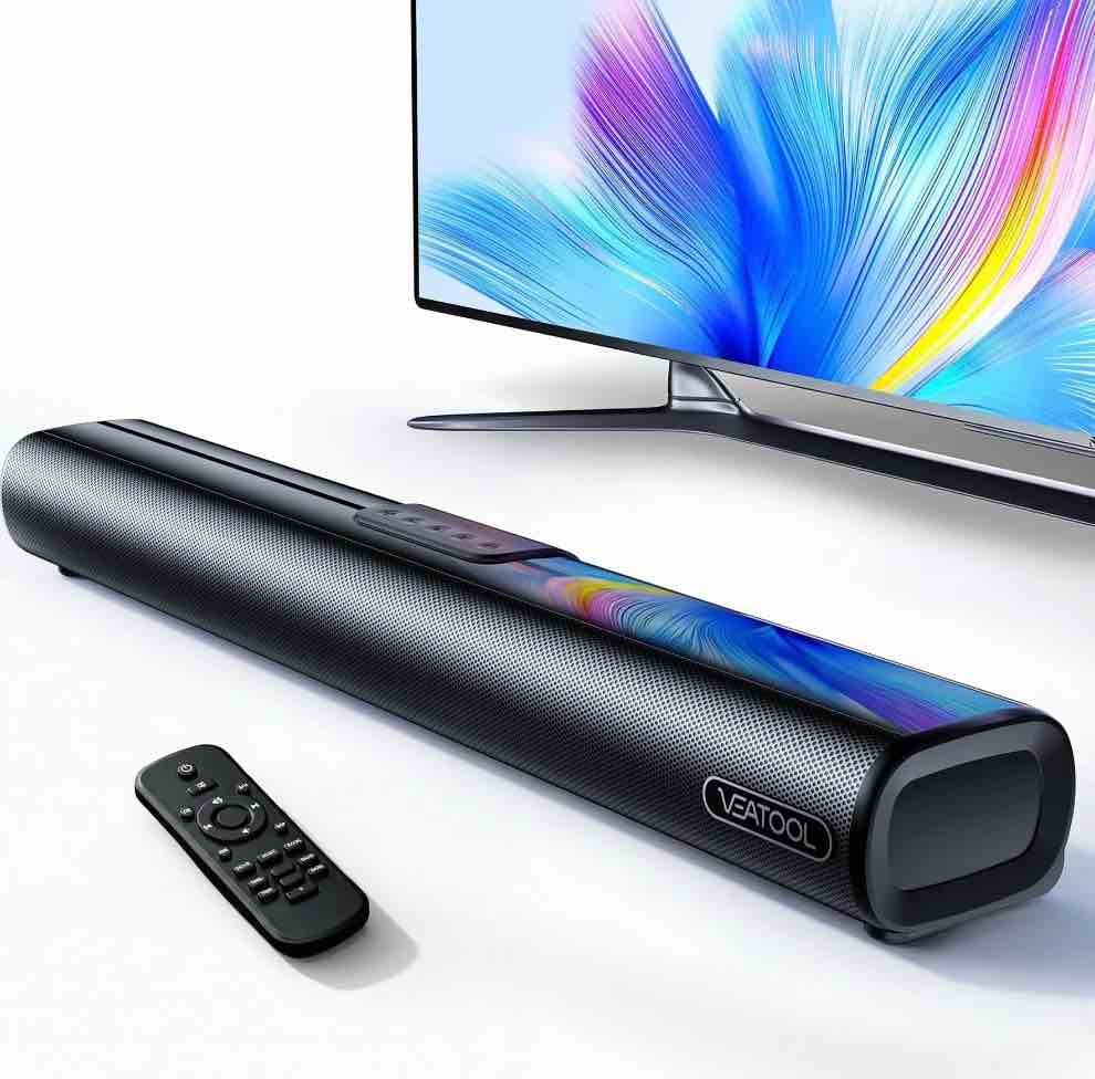 veatool 2.1ch sound bars for tv, soundbar with subwoofer, wired & wireless bluetooth 5.4 3d surround speakers, optical/hdmi/aux/rca/usb connection, wall mountable, remote control
