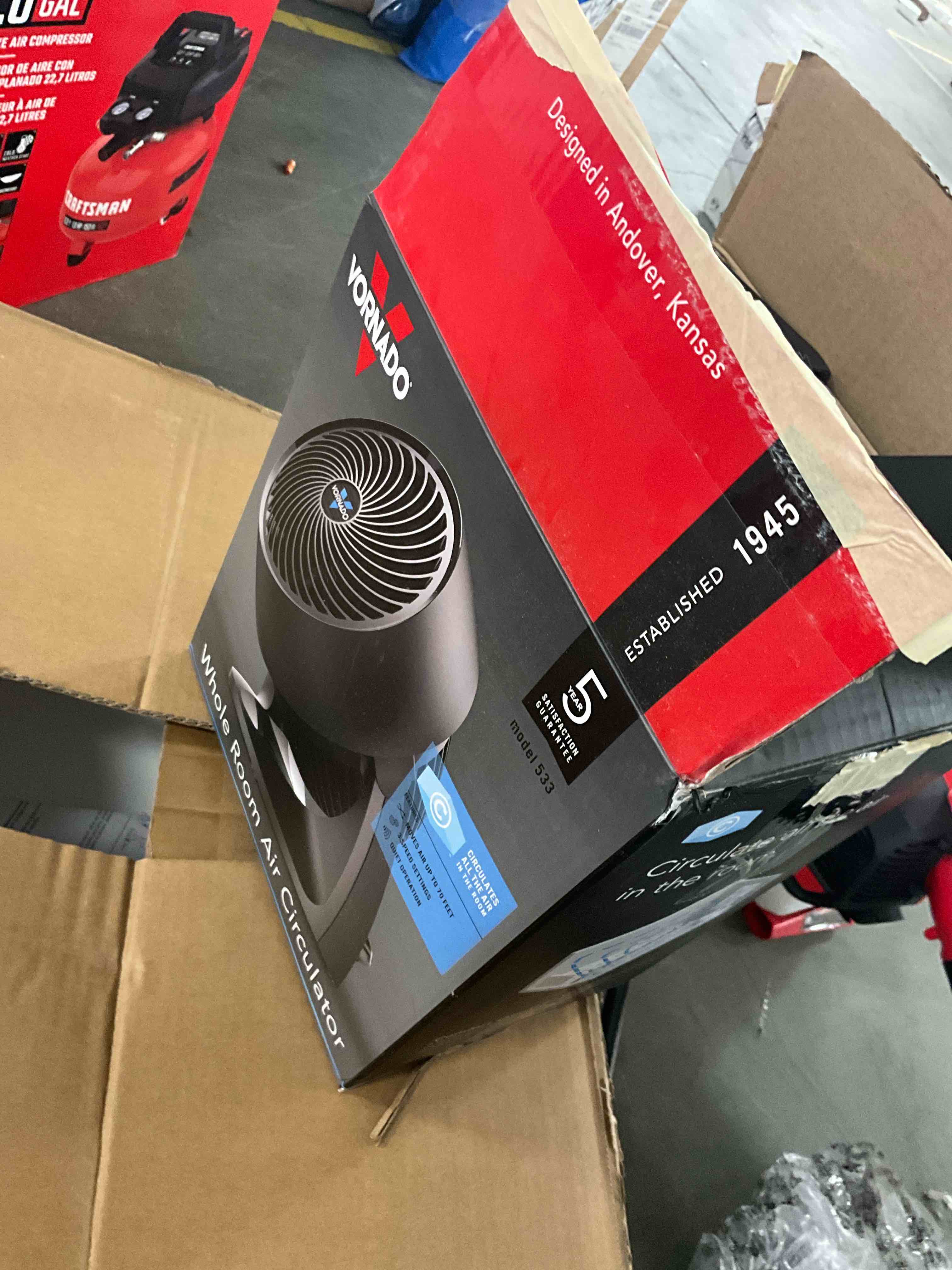 Condition photo showing As Is for vornado 7-in high velocity indoor desk fan, in black