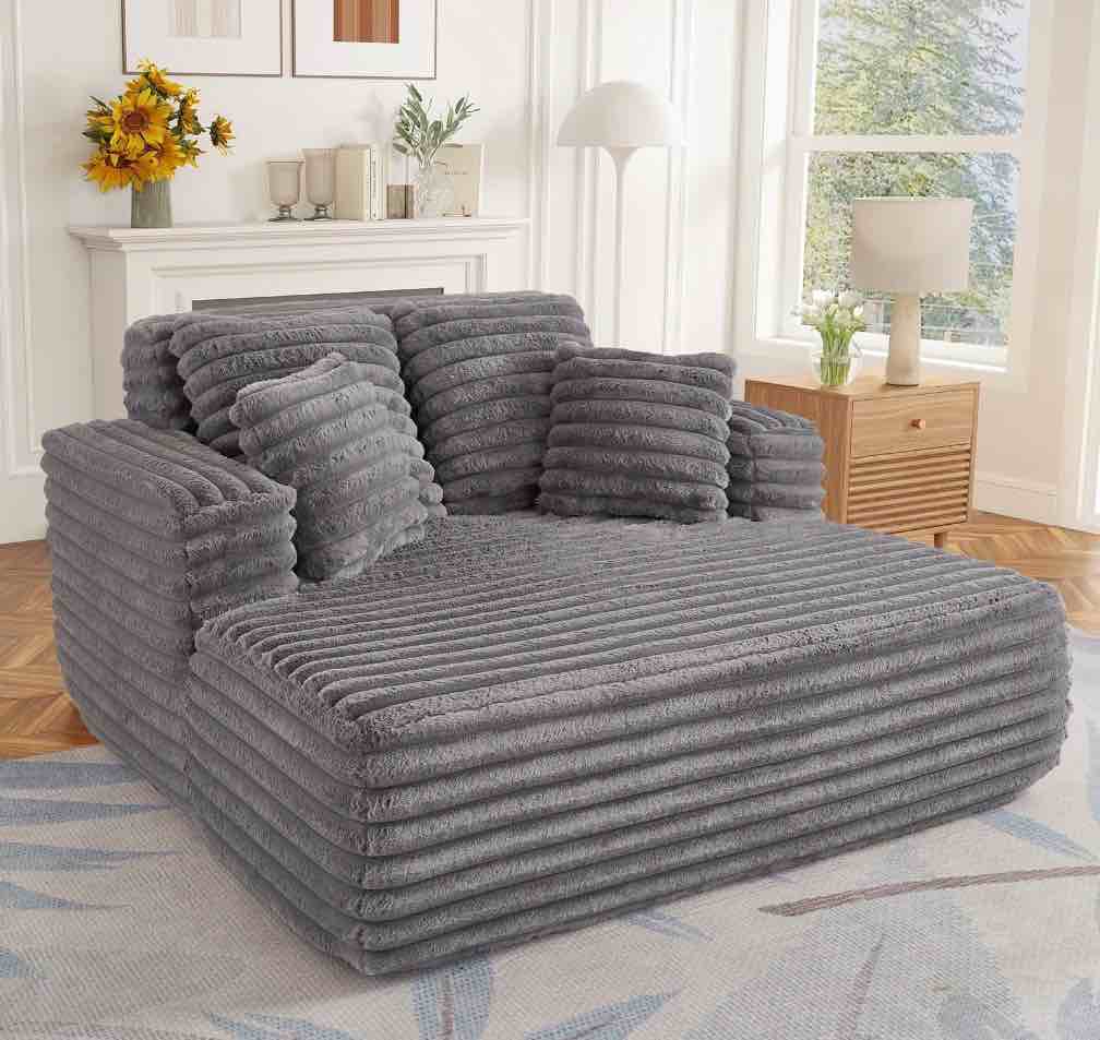 Muumblus Oversized Chaise Lounge Chair Indoor Furniture, No Assembly Required, Plush Corduroy Upholstered Sofa Bed Cozy Sleeper Couch for Living Room, Bedroom, Grey