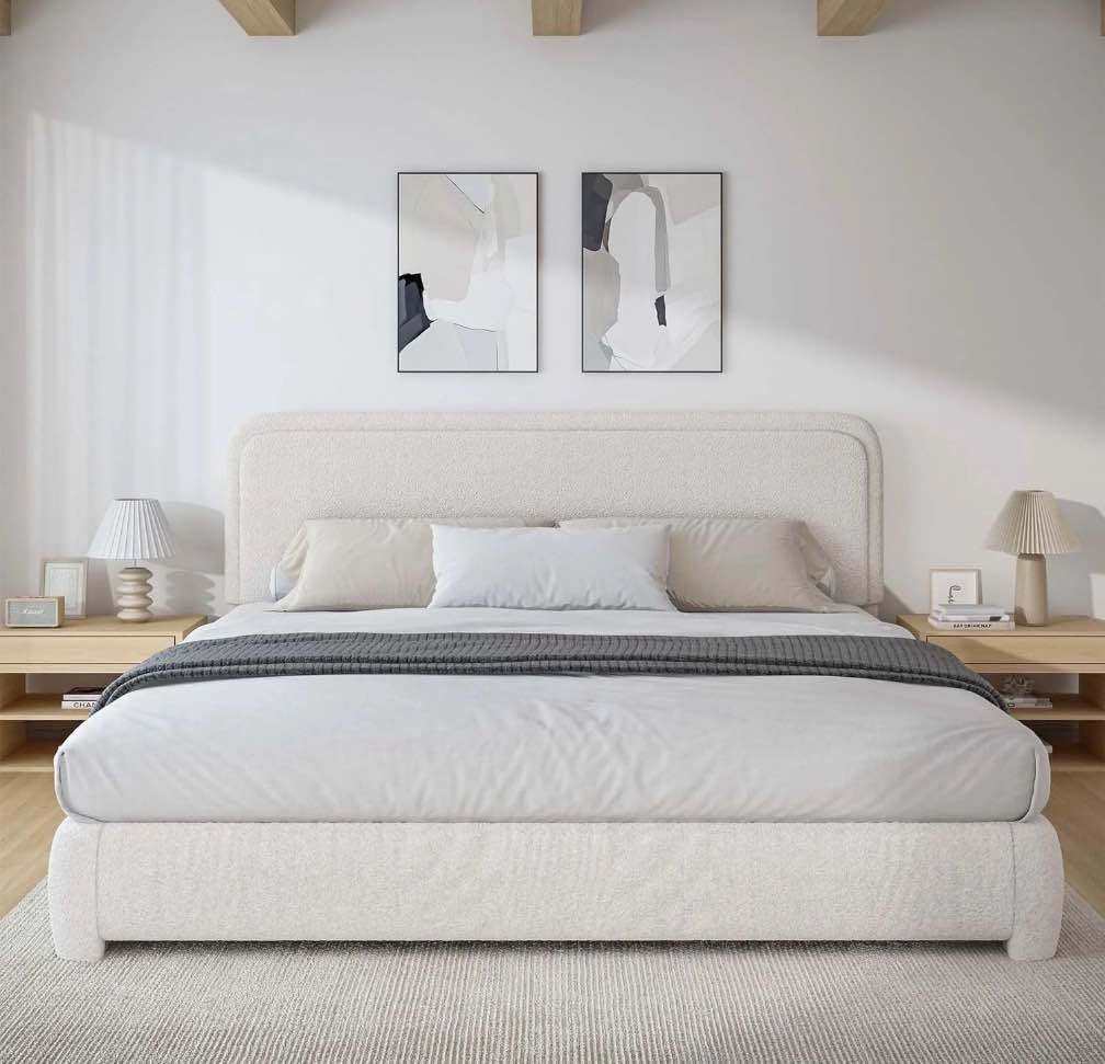 4 Ever King Bed Frame, Upholstered Platform with Unique Headboard, Cream