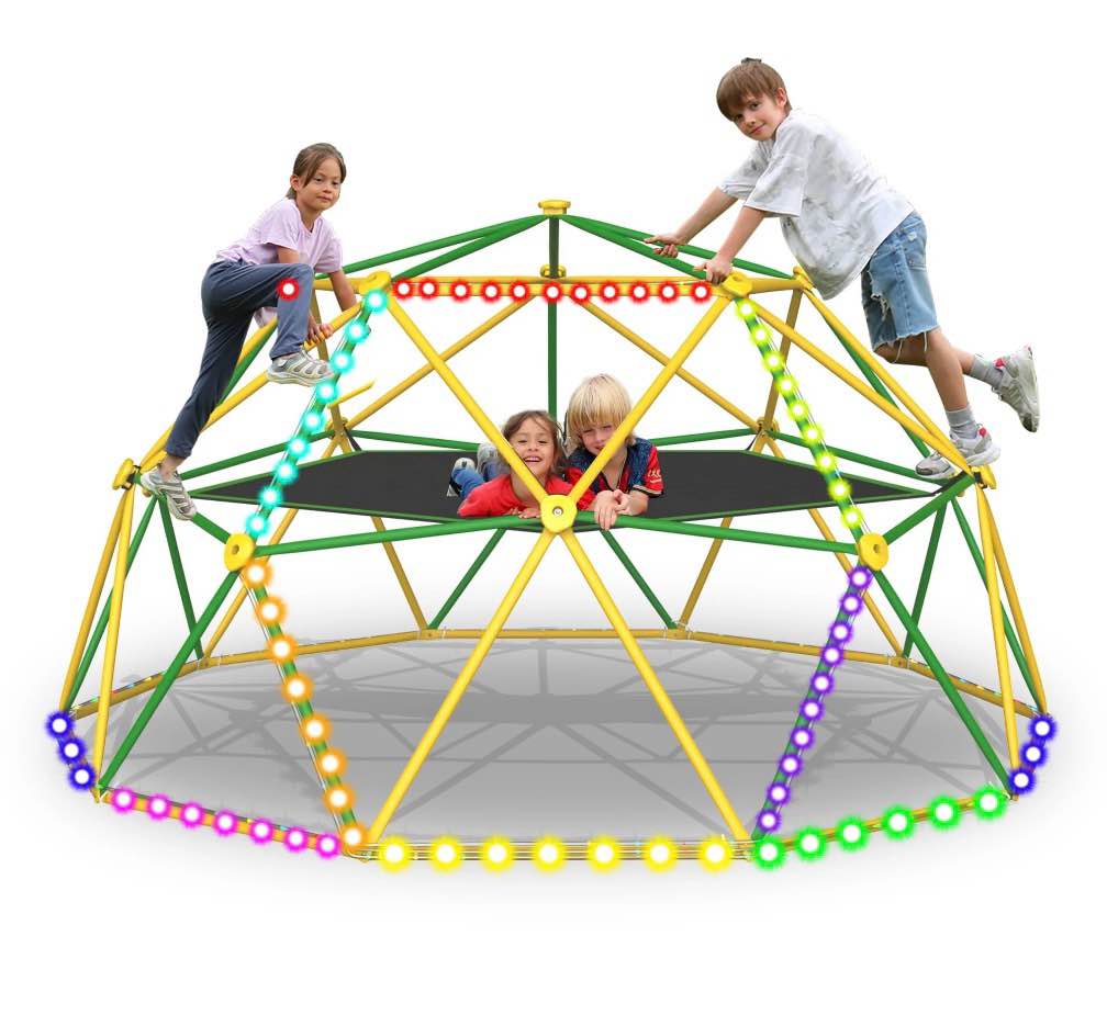 10FT Climbing Dome with Hammock and Led String Light,Fashionsport Outfitters Kids Geometric Climber Dome Jungle Gym Outdoor Play Toddler Play Set for Ages 3-12, Supports up to 880lbs