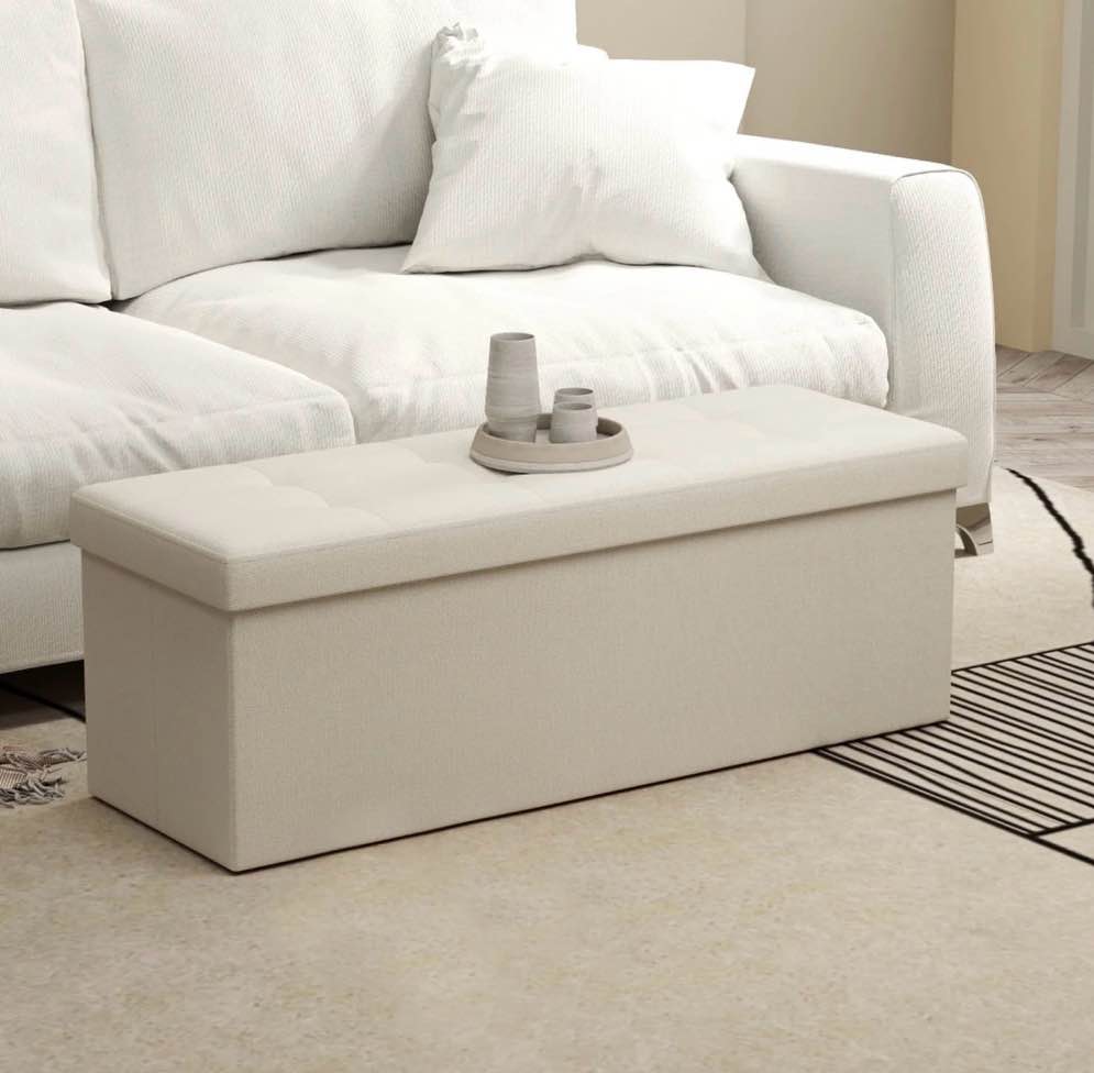 LEDREM 43" Folding Storage Ottoman Bench with 660lb Capacity, Ottoman with Storage, Footrest, for Living Room, Bedroom, Off-White