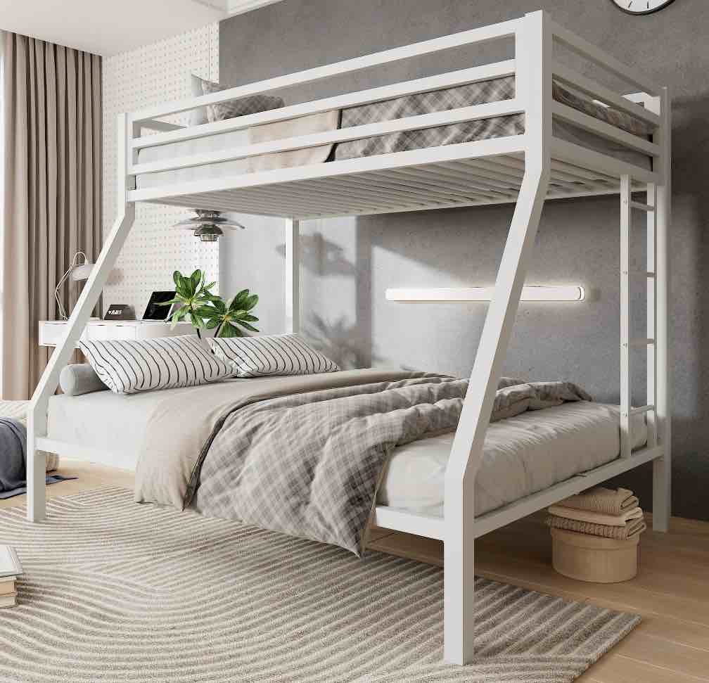 Amolife Twin over Full Size Metal Bunk Bed with Removable Ladder  Full-Length Guardrail  White