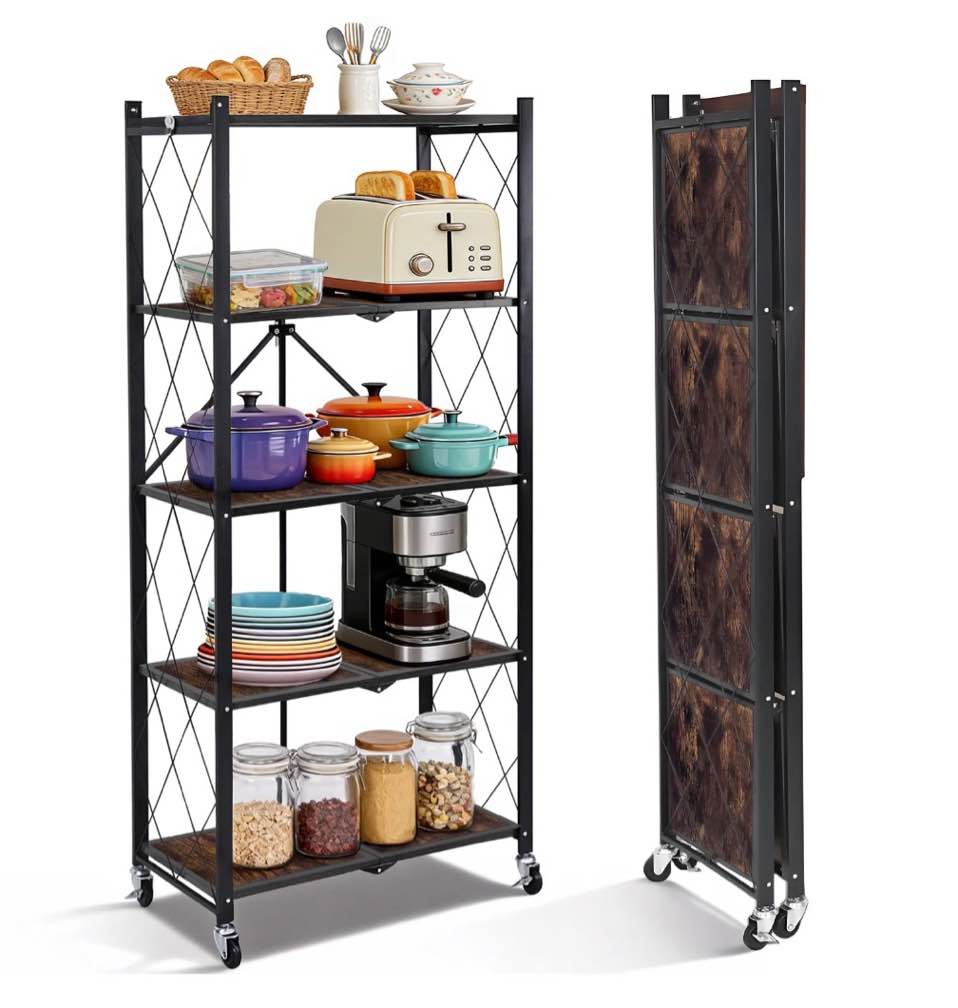 COOKCOK 5-Tier Storage Shelving Unit, Folding Bookshelf, Metal Shelf 27.9"x13.4"x62.5, Foldable Storage Shelf with Wheels, Garage Shelf, Kitchen Shelf, No Assemble Require, Black