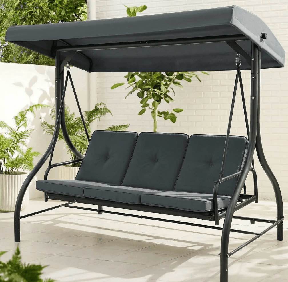 Pirecart 3 Seat Outdoor Porch Swing Chair with Adjustable Canopy  Removable Cushions for Garden  Poolside  Balcony  Gray