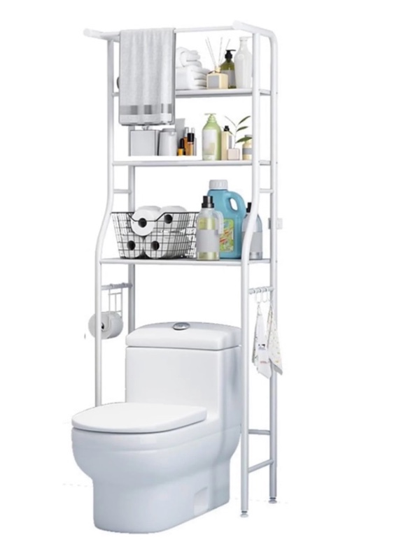 Restroom Organizer, 3-Tier Shelving Unit,  Over The Toilet Storage Shelf, Freestanding Metal Bathroom Stand, White 