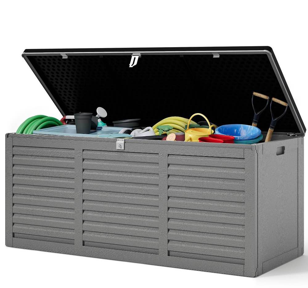 130 Gallon Resin Deck Box  Outdoor Lockable Storage Container for Patio Cushions  Garden Tools  Pool Supplies  Toys  Waterproof and UV Resistant  Reinforced Rib Design  Gray
