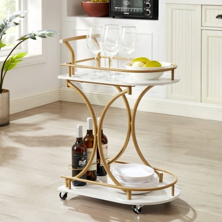 JRHRXXY 2-Tier Bar Cart Gold Wine Cart with Wine Rack & Glasses Holder Home Serving Drink Cart with Lockable Wheels for Living Room Party