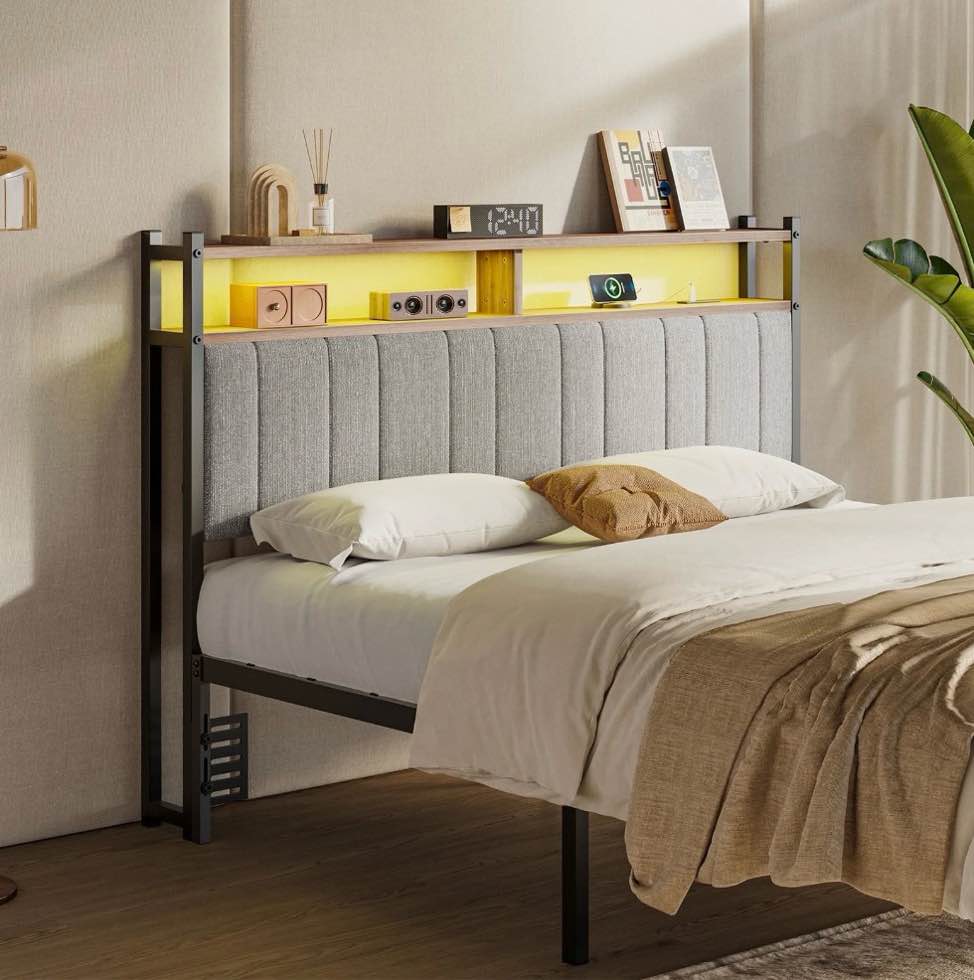 Pinmoco Headboard for Queen Size Bed with Storage, Linen Upholstered Head Board with LED Light and Charging Station, Gray, Headboard Only(Bed Frame Not Included)