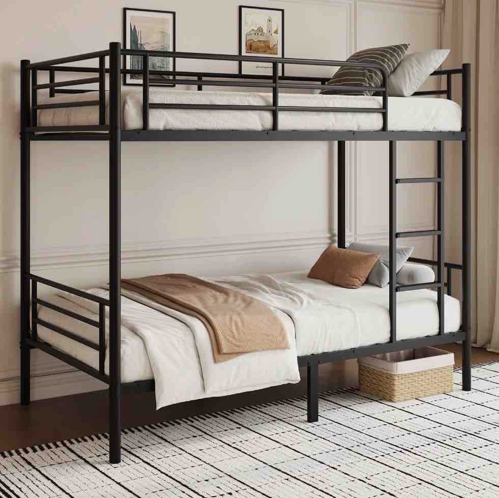 Capri Metal Twin over Twin Size Bunk Bed Frame with 10.63'' Under-Bed Storage & Stairs & Full-Length Guardrail, Noise Free, Heavy-duty, Black