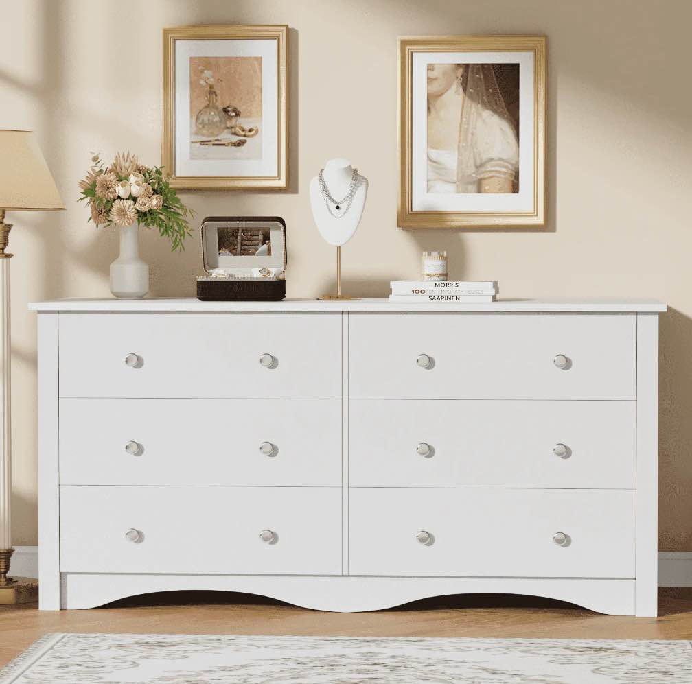 Homall 47'' Wide 6 Drawer Wood Dresser, Chest of Drawers Double Tier Storage Cabinet for Bedroom & Living Room,White Finish