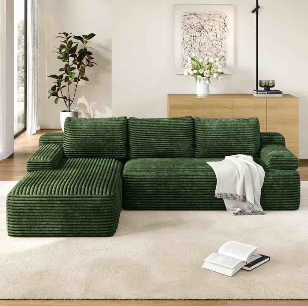 Renwick 110" L-Shaped Cloud Couch, Boneless Corduroy Sectional Sofa with 3 Detachable Pillows for Livingroom, Green