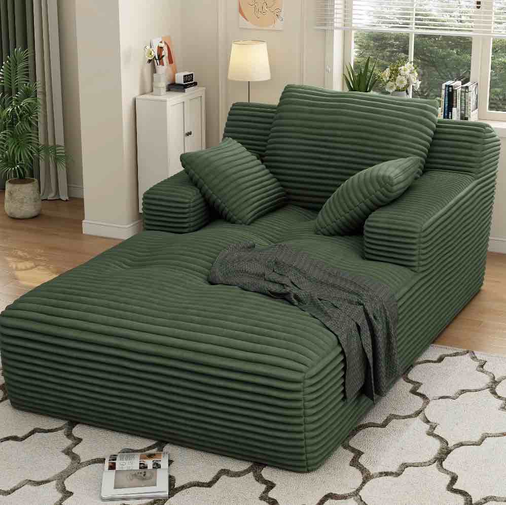 67'' oversized chaise lounge chair indoor, cloud plush corduroy upholstered sofa bed, modern deep seat sofa with back cushion, pillows, cozy sleeper couch for living room, no assembly required, green