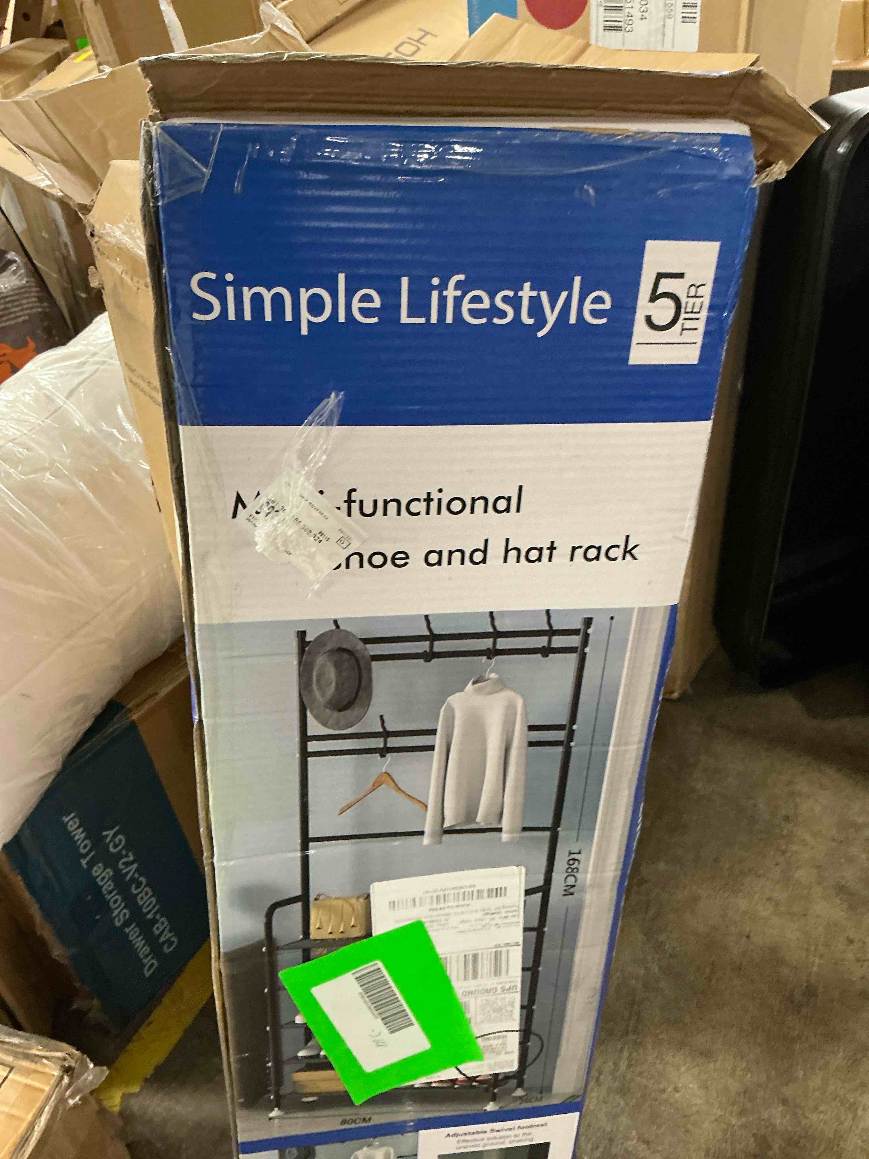 Condition photo showing Good Condition for honeier coat rack, coat rack stand with 8 removable hooks and 5 storage shelves, modern industrial style coat tree for entryway hallway 31*10*67 inch hall tree shoe rack