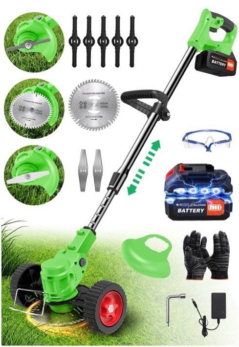 tntants weed wacker cordless, 3-in-1 lightweight electric string trimmer with 3 types of blades, wheels, 24v battery, weed eater grass trimmer/edger/brush cutter for lawn yard garden (green)