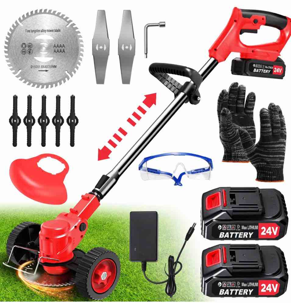 tntants electric weed wacker  cordless string trimmer with wheels  2pcs 24v batteries  3 types of blades  adjustable length  weed eater grass trimmer/edger/brush cutter for lawn yard garden (red)