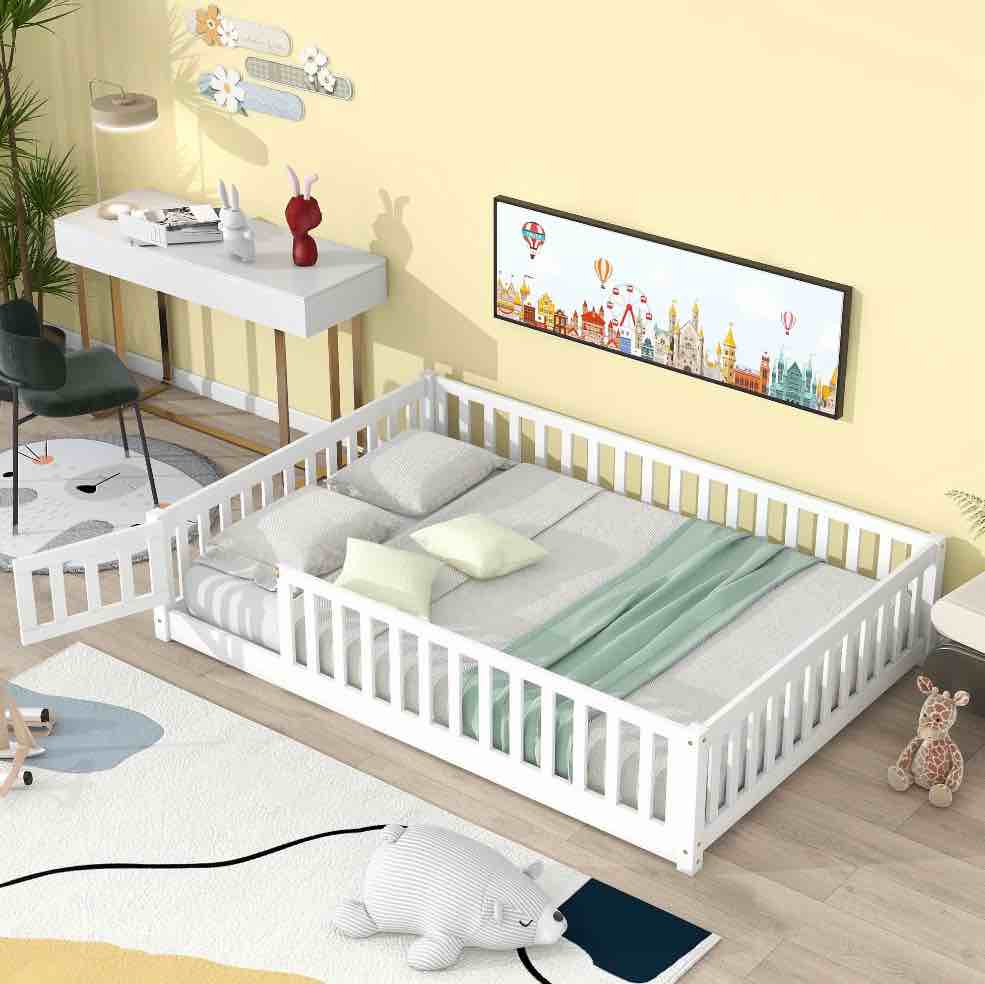 paproos full size floor bed, solid wood floor platform bed with slat, fence guardrail and door, no box spring needed, toddler bed montessori bed, full bed frame for kids, boys, girls, white