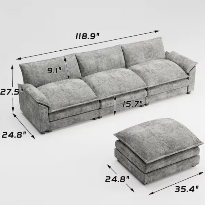 Condition photo showing As Is for chenille flared arm l-shaped deluxe pillow-styled modular sectional sofa in paris gray with ottoman. ((( box 3 of 3 ))