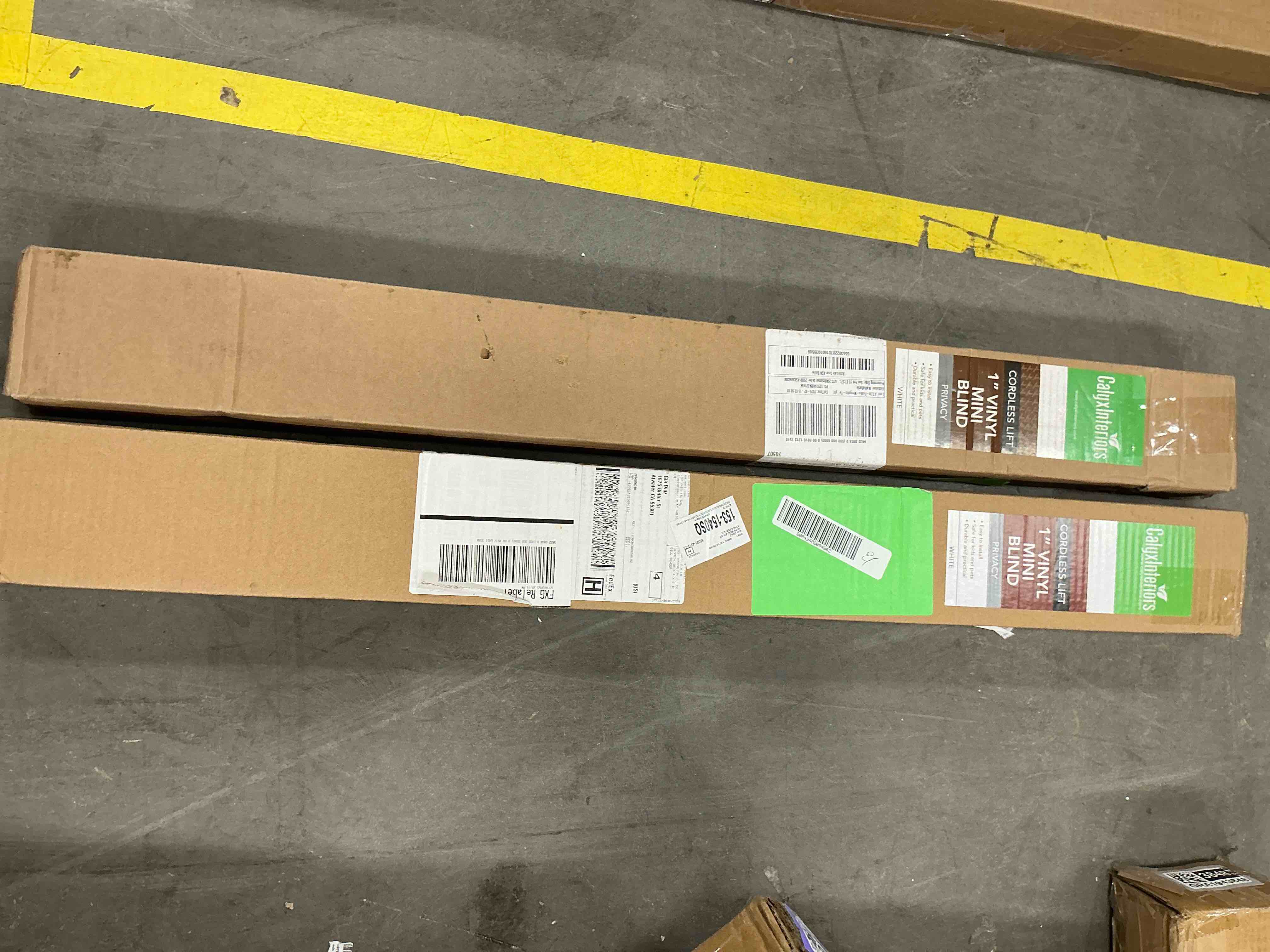 Condition photo showing New/Like New for calyx interiors cordless white 1” light filtering mini blinds 34.5 w x 48 h window blinds for home vinyl horizontal blinds for indoor windows