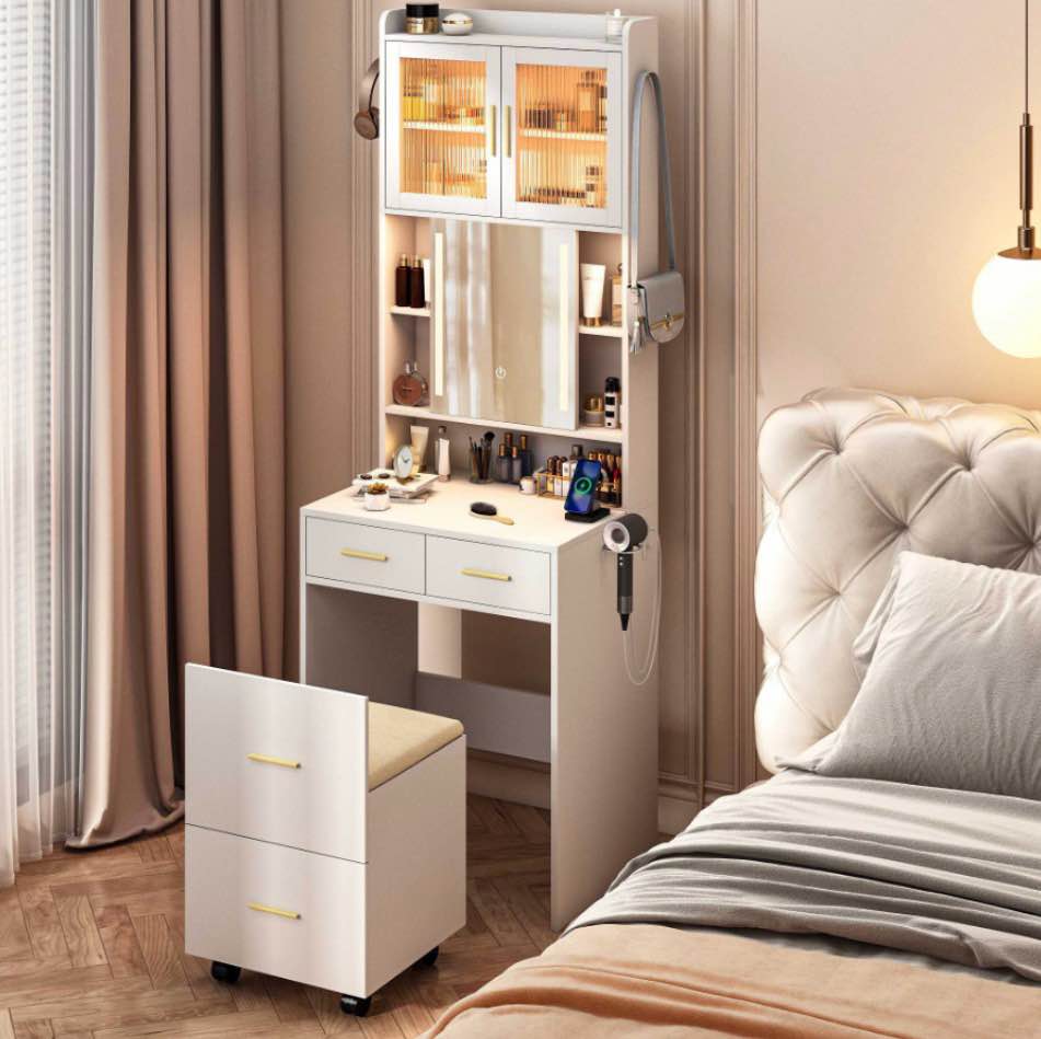 ktaxon makeup vanity table for small spaces, vanity table set with charging station and sliding mirror, bedroom makeup table, white