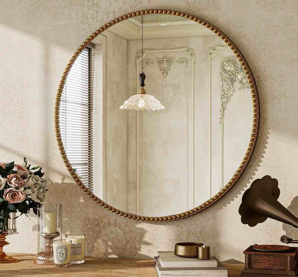beautypeak 24" round bathroom mirror vanity mirror wall mounted with beaded frame,gold 24" x 24"