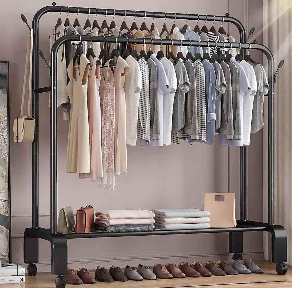 clothes rack for hanging clothes  double rods clothes rack with wheels  multi-functional clothing rack for bedroom  4 hooks