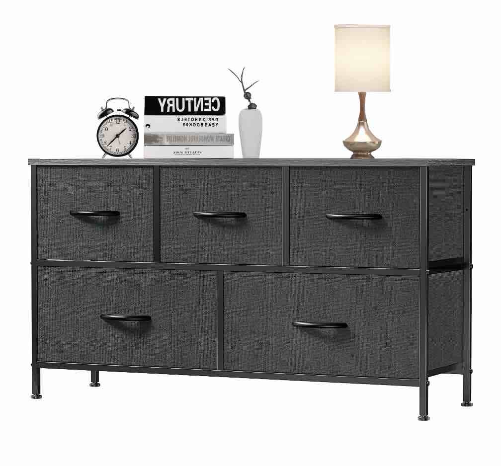 edx 5 drawer dresser, wide chest of drawers nightstand storage tower storage fabric dresser with wood top for living room, bedroom, hallway,black