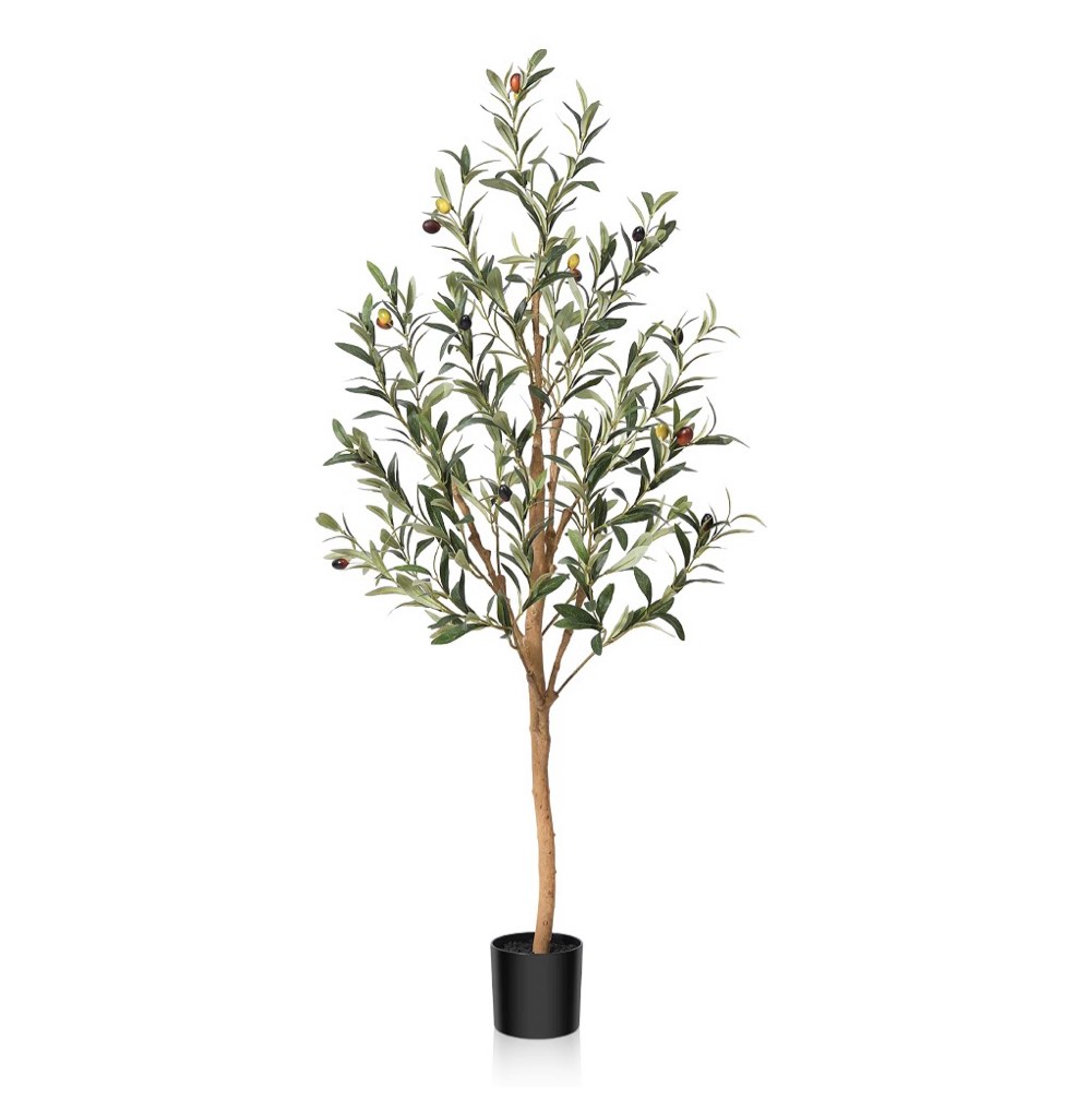 dr.planzen 4ft artificial olive tree indoor, faux olive tree, artificial plants with natural wood trunk and lifelike fruits for home office decor