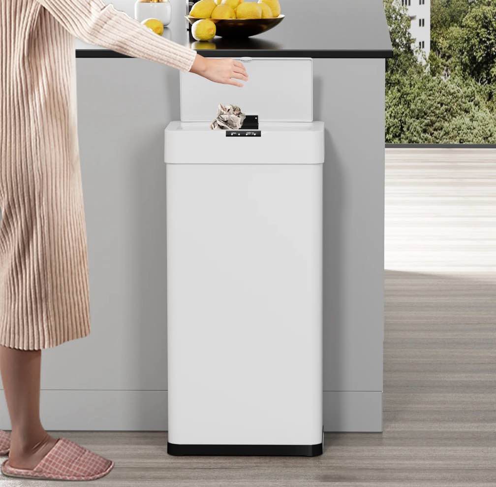 pirecart 18.5 gallon automatic trash can  touchless stainless steel garbage bin  brushed stainless steel smart bin w/ display light  soft close lid  for kitchen