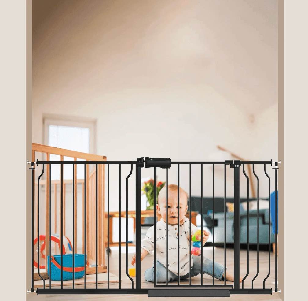 furdear 47-56" extra wide baby safety gate with wall protectors walk thru black metal gate