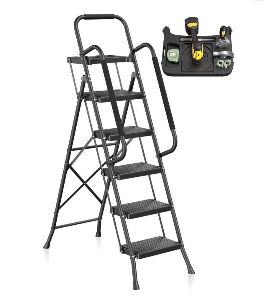 mr ironstone 5 step ladder for adults, 800lbs heavy duty steel folding ladder with tool tray, upgraded non-slip handrails and anti-slip pedal for home office garage, black