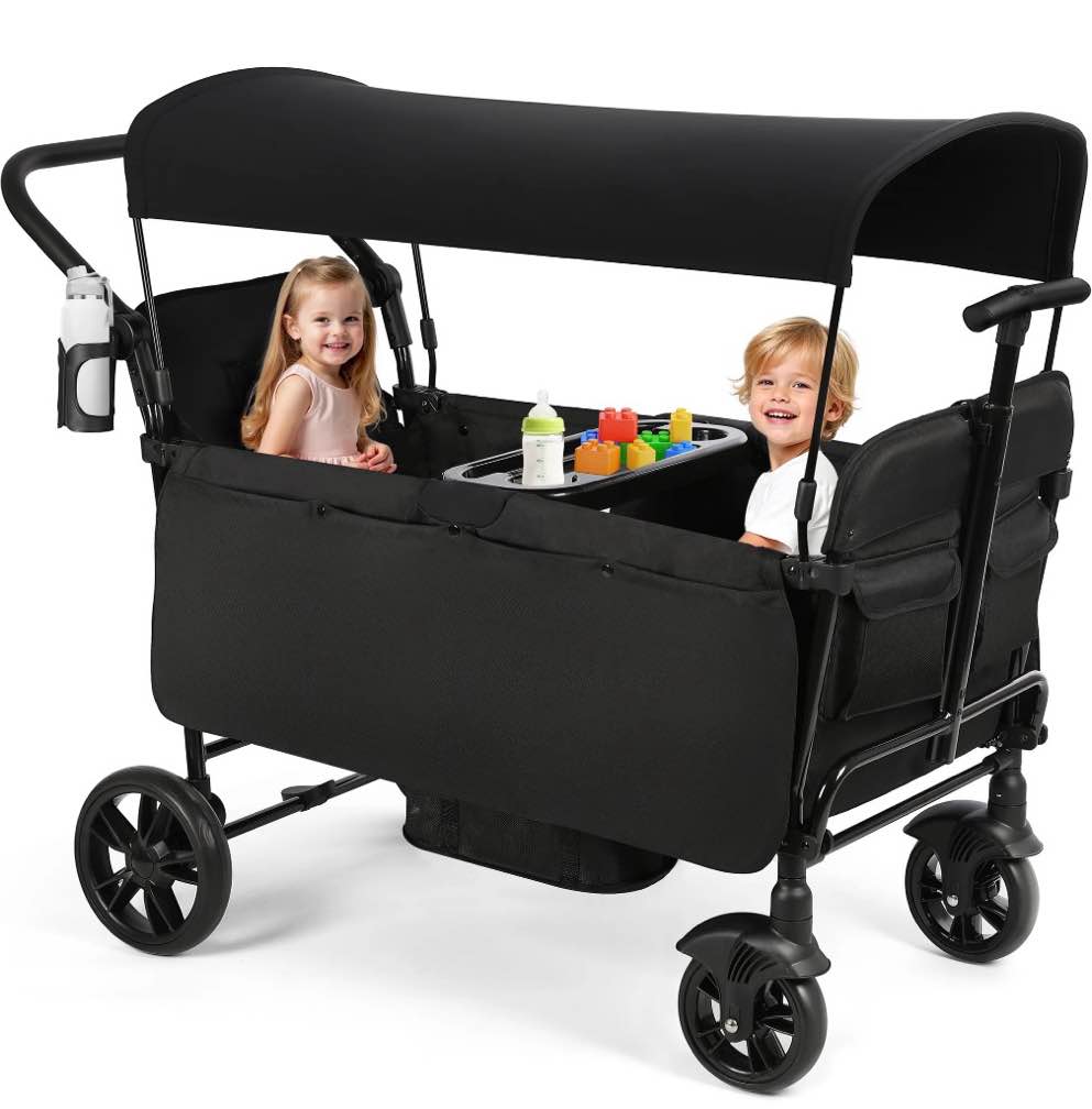 vomeast wagon stroller for kids,spacious 2-seater stroller wagon with adjustable canopy,pull & push handle,5-point harness,foldable for toddlers, black