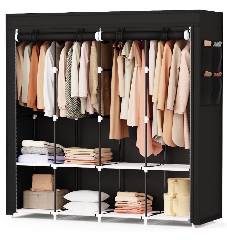 riousery 67 inch large portable wardrobe closet, 8 storage spaces with 4 hanging rods, steel frame fabric organizer, easy assembly and dust resistant design, black