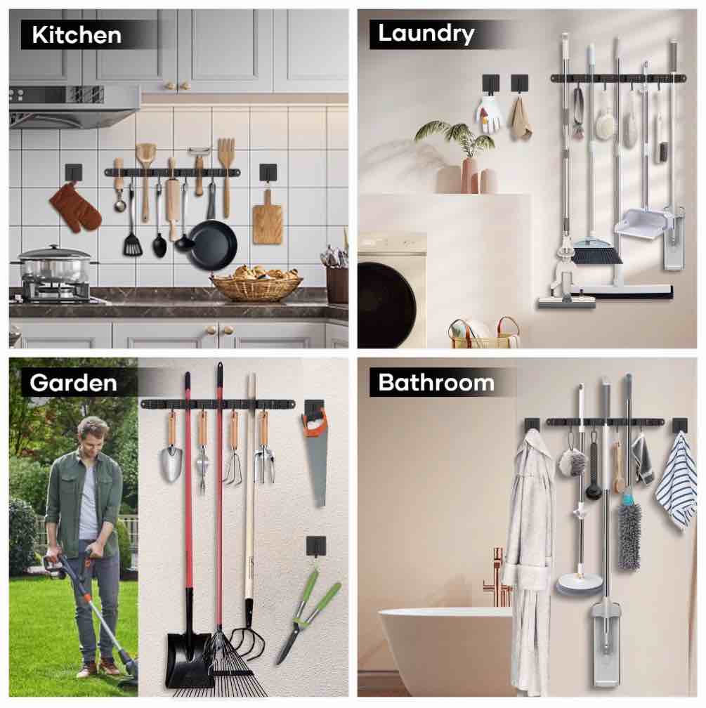 Condition photo showing New/Like New for mop and broom holder wall mount with 5 racks and 4 hooks, heavy duty self-adhesive organizer for kitchen, laundry, garage, garden storage, black – includes 2 extra hooks