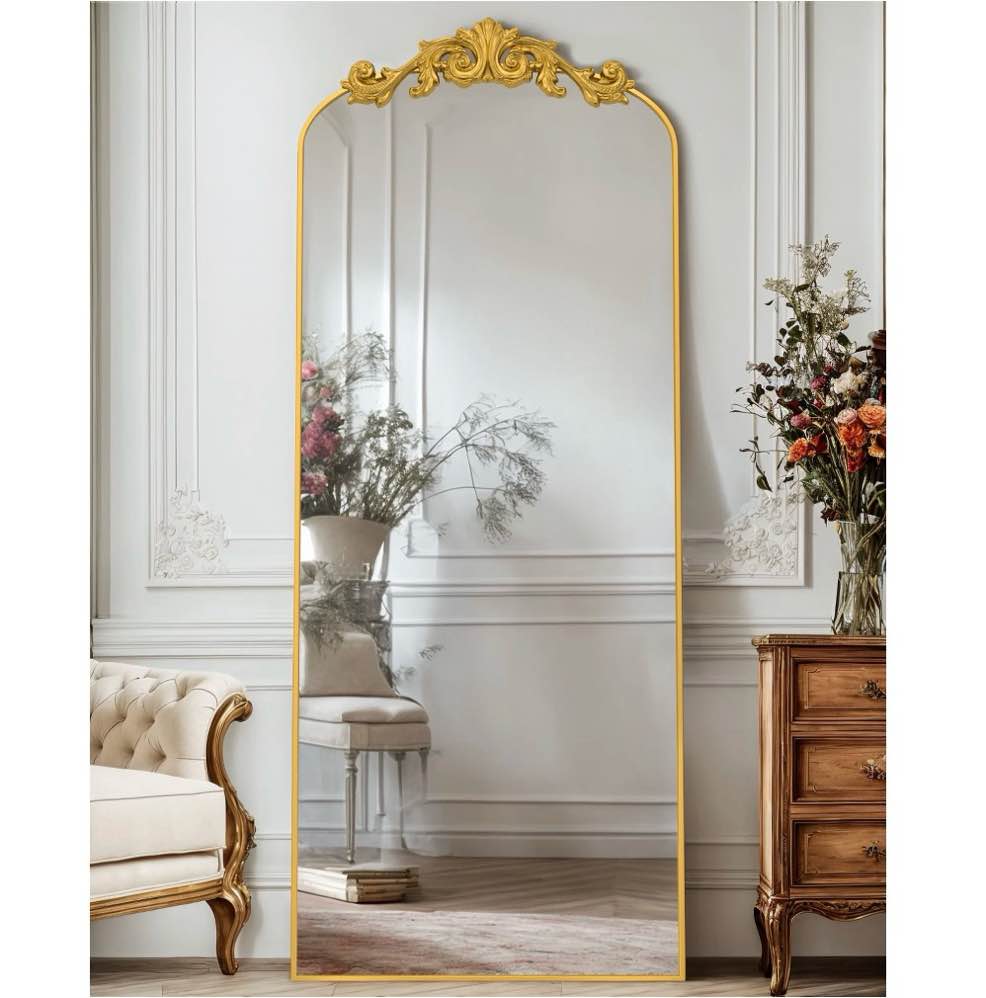 antok 58 x18  vintage arched full-length mirror with carved metal frame  baroque-style floor mirror  gold