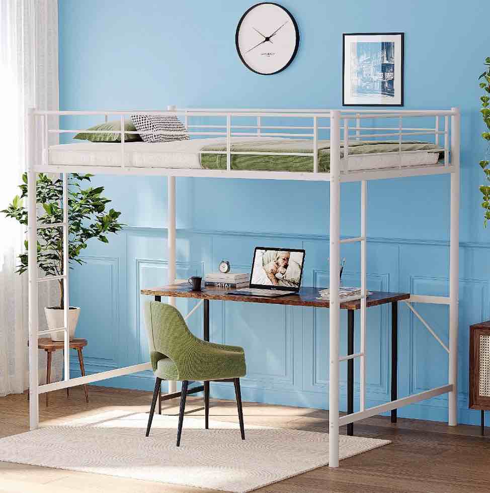 Zimtown Full Loft Bed with Stairs Metal Single Loft Bunk Bed with Safety Guard Rails & 2 Side Ladder, White