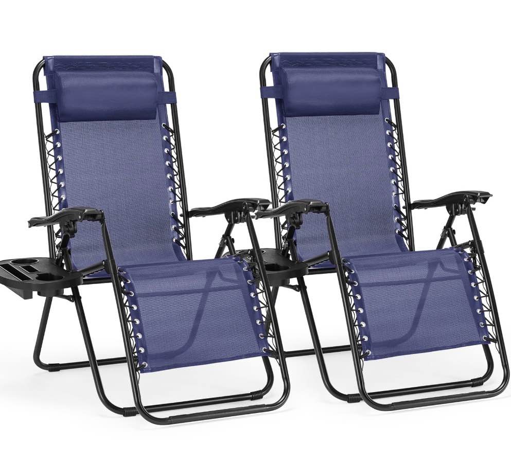 concetta 2pcs zero gravity patio recliner, textilene folding lounge with adjustable pillow & cup tray, blue