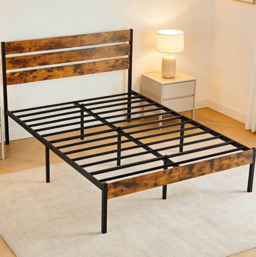 edx full size metal bed frame with wooden headboard, under bed storage, 800lbs support, noise-free, no box spring needed, easy assembly, brown