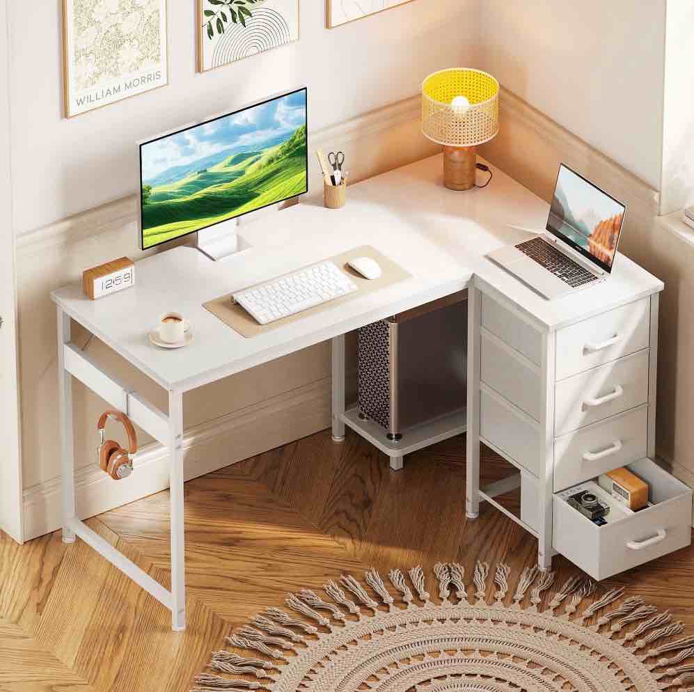 48 inch computer desk with 4 fabric drawers — home office desks with storage, writing desk with side hook, desk study/work table for bedroom and small space, white