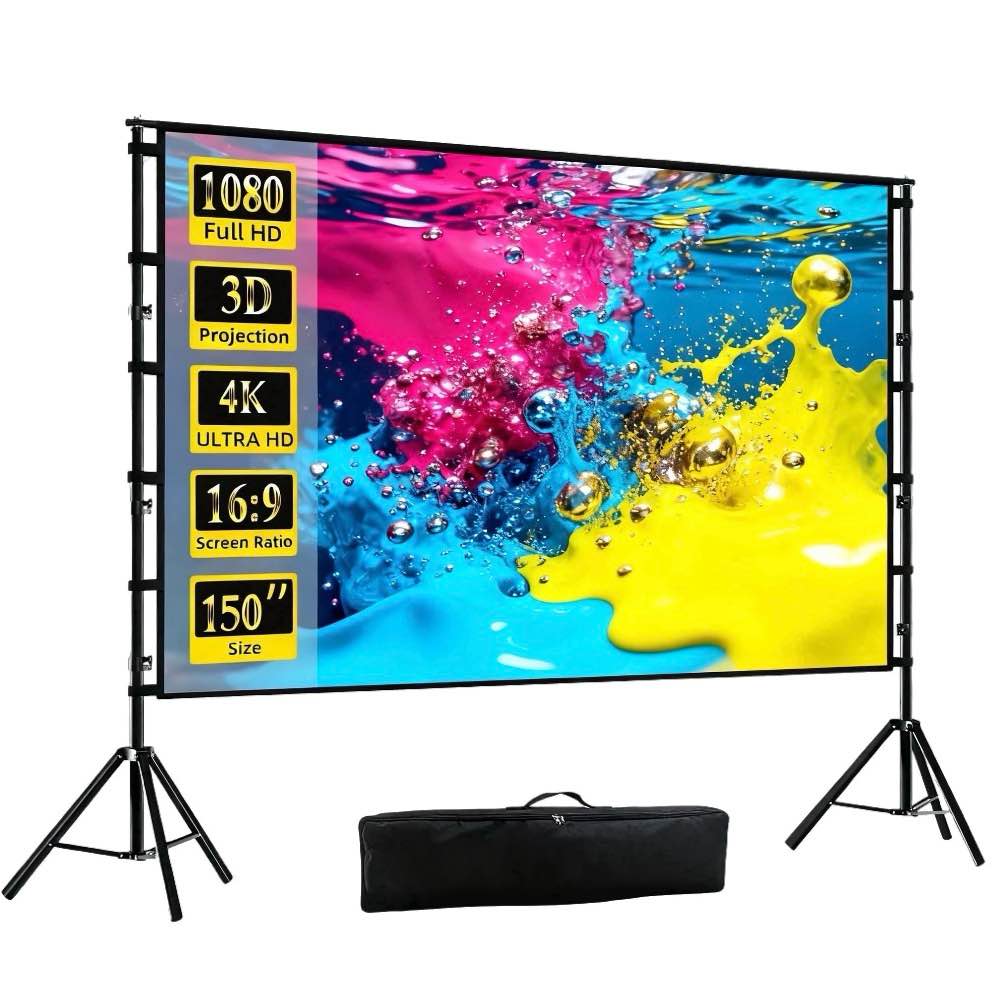 florascent 150" projector screen with stand, 16:9 4k hd portable outdoor projector movie screen for home backyard theater