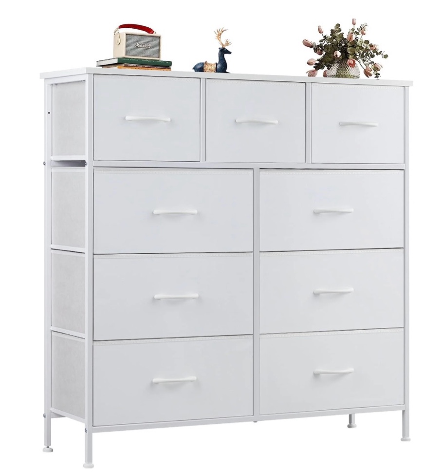 edx fabric storage dresser with 9 drawers, steel frame and wooden top for bedroom, closet and entryway , white