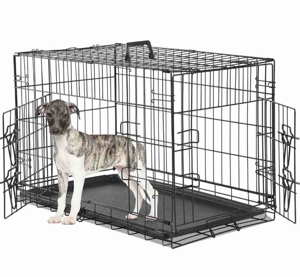 concetta 30 inch double-door folding dog crate, portable small cage with divider, leak-proof tray