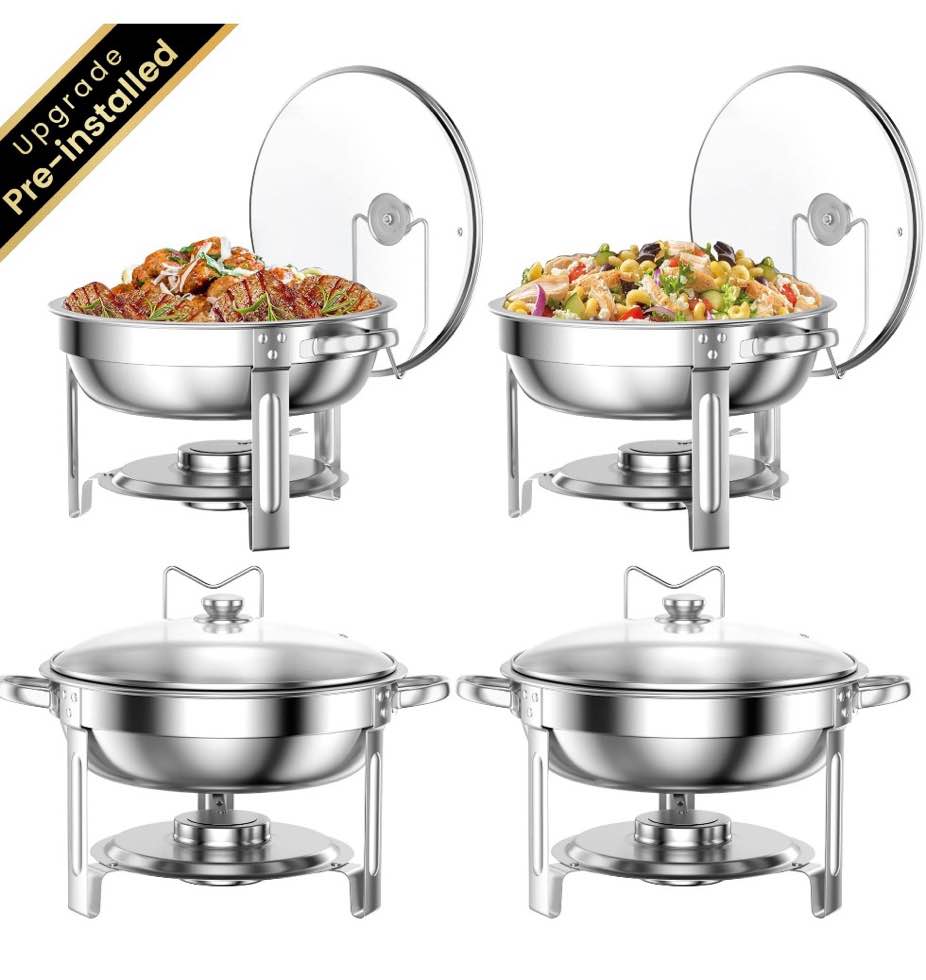 Chafing Dish Buffet Set 4 Pack: TINANA 5QT Stainless Steel Chafing Dishes for Buffet with Glass Lid & Lid Holder Round Chafers and Buffet Warmers Sets for Parties Events Wedding Camping Dinner