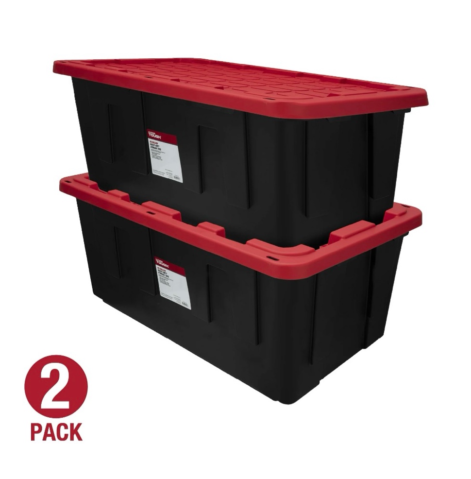 (Pack of 2) Hyper Tough 40 Gallon Extra Large Storage Bin with Snap Lid, Black and Red, Heavy Duty Plastic Storage Container