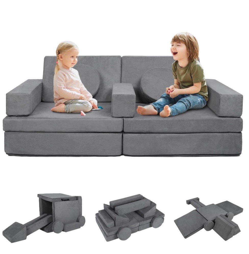 AILEEKISS 9 Pcs Kids Sofa Couch Playset, Indoor Baby Play Couch Furniture for Toddler, Grey