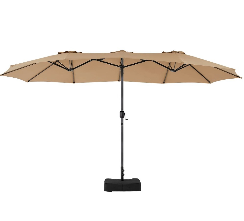 edx 15ft Patio Umbrellas (Base Included), Large Outdoor Double-Sided Rectangle Market Umbrella with Stand for Poolside, Lawn, and Backyard, Khaki