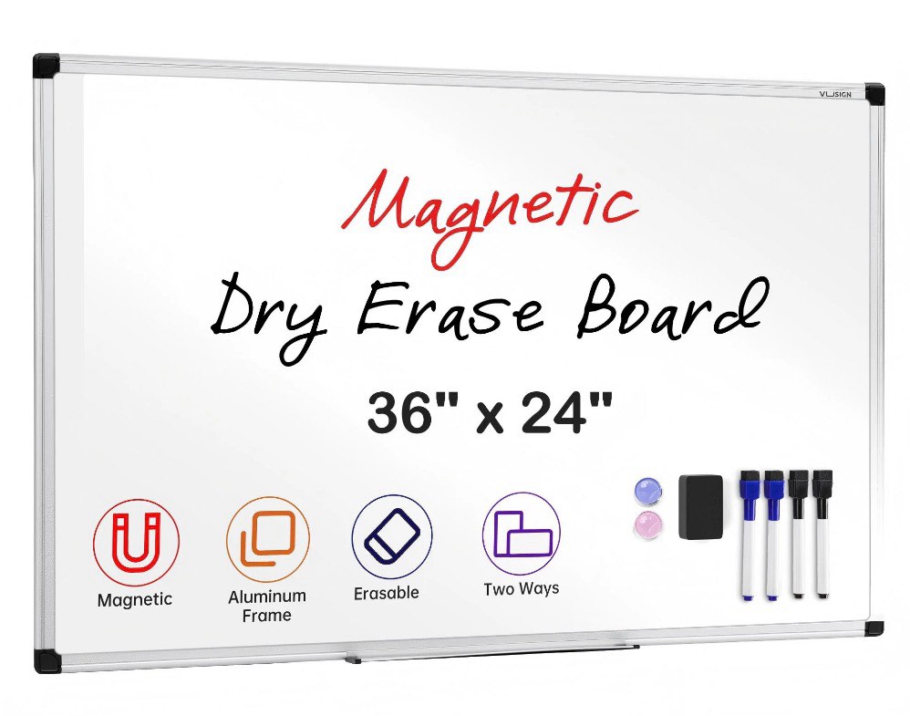 vusign magnetic dry erase whiteboard, 36 x 24 inches, wall mounted with pen tray, silver aluminium frame