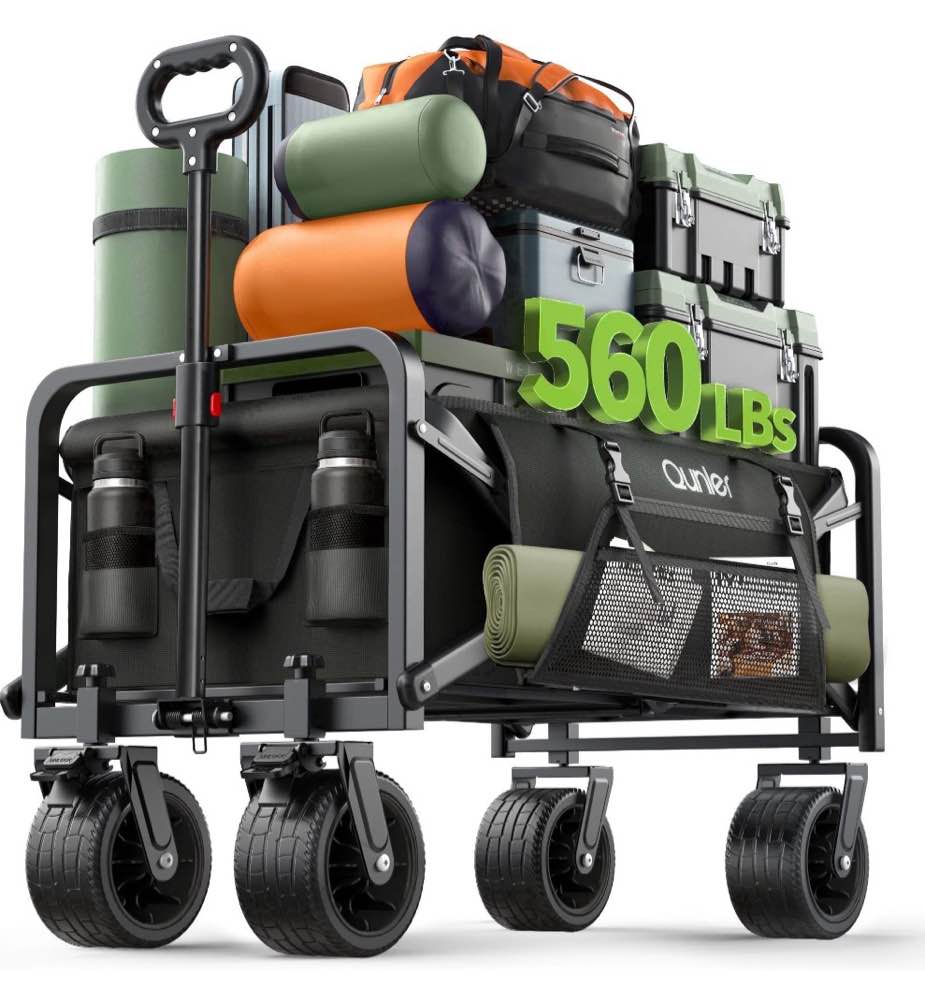 qunler 560lbs large collapsible folding wagon with oversized tank wheels, heavy duty big bucket utility garden cart with side pocket for sports, shopping, camping, kids, black
